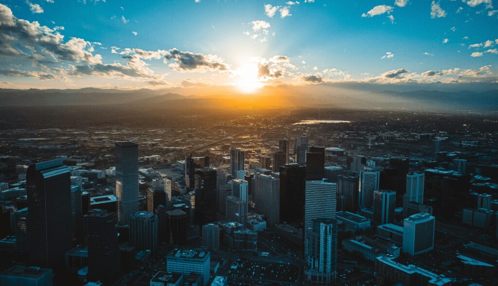A bird's eye view of downtown Denver during sunset